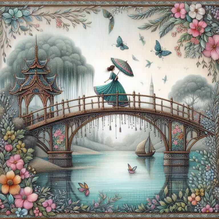 Shabby Chic Folk Art Woman Crossing Bridge