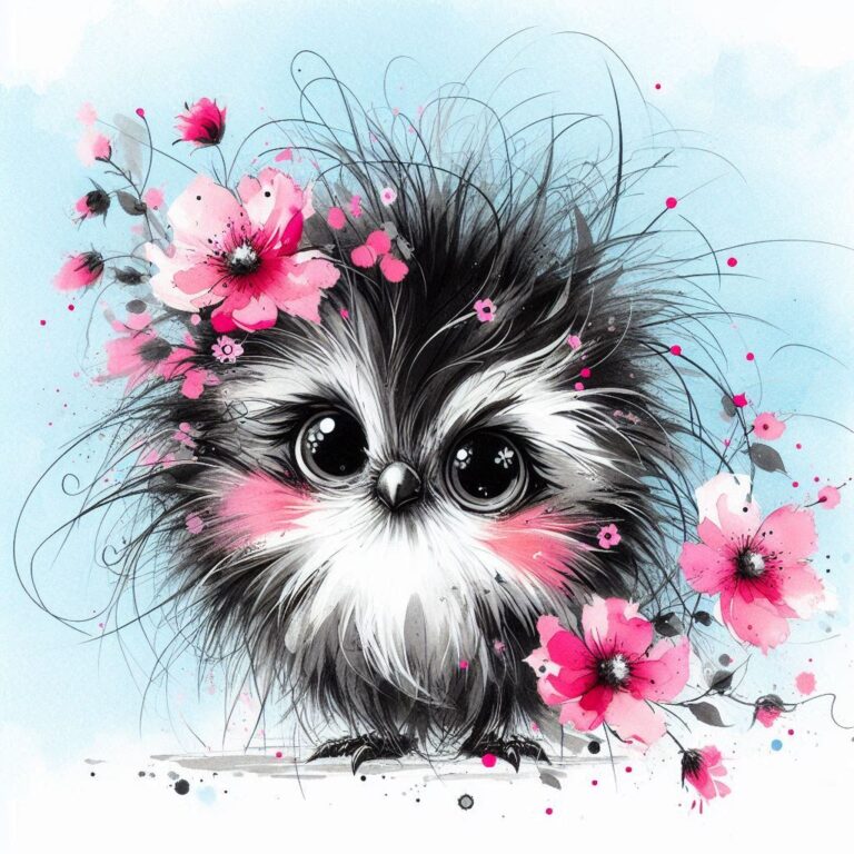 Fluffy Bird With Wild Feathers and Pink Flowers