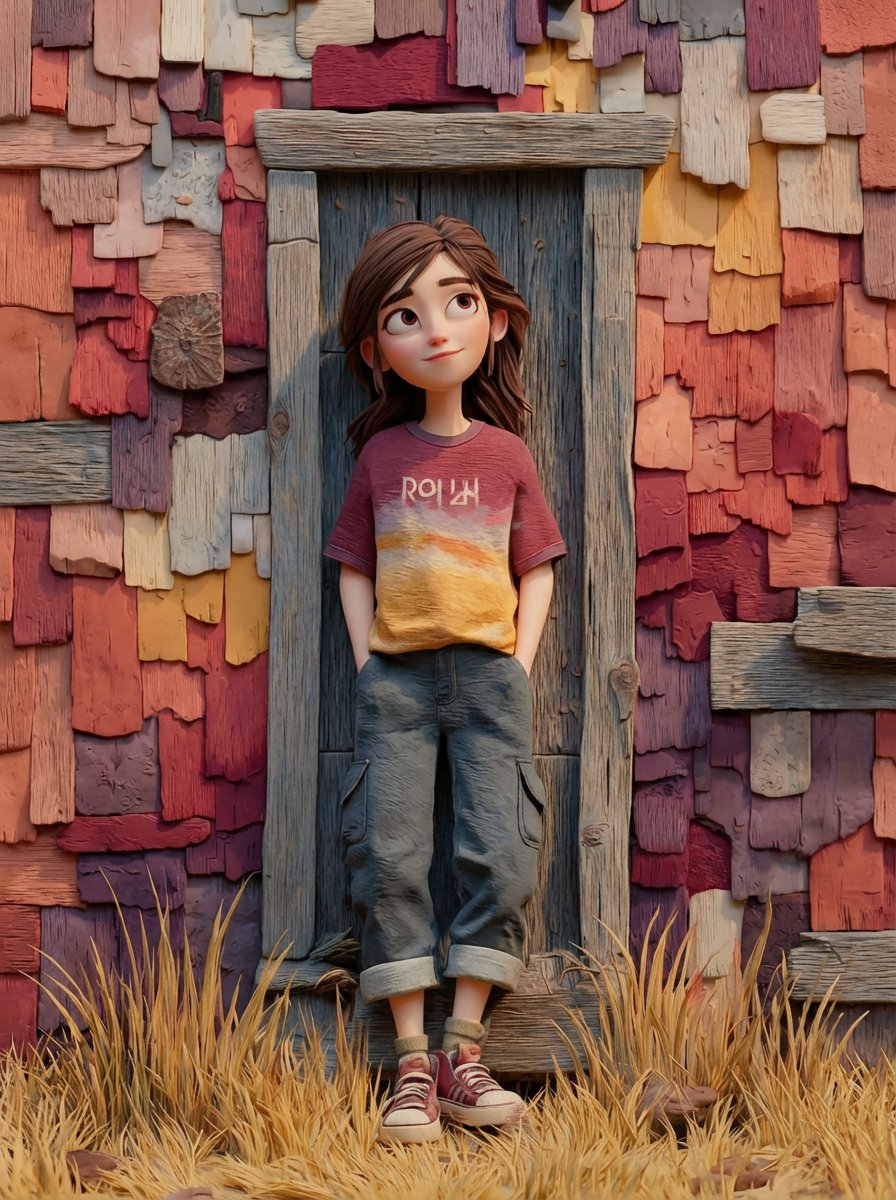 Stylized Girl by Colorful Wooden Mosaic Wall