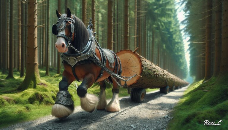 Ardennes Draft Horse Hauling Log in Pine Forest