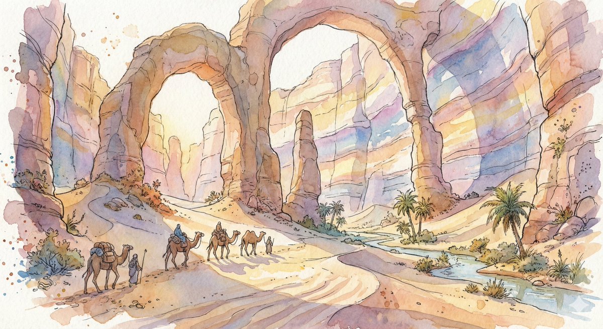 Fantasy Desert Canyon Watercolor Caravan