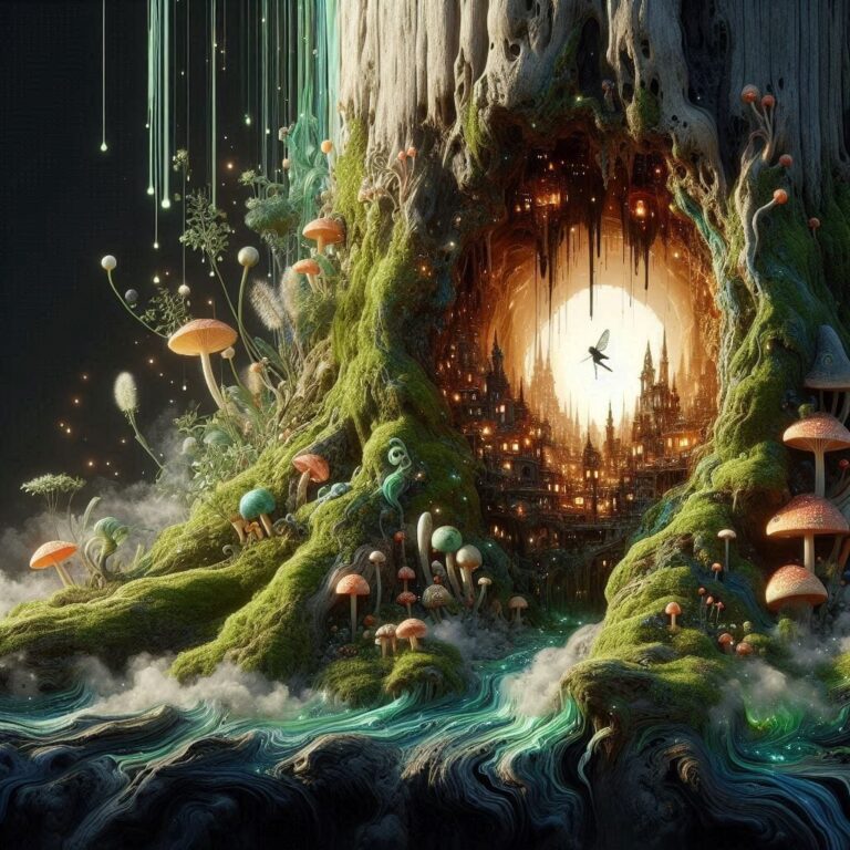 Victorian City Glowing Inside Mossy Forest Tree Trunk