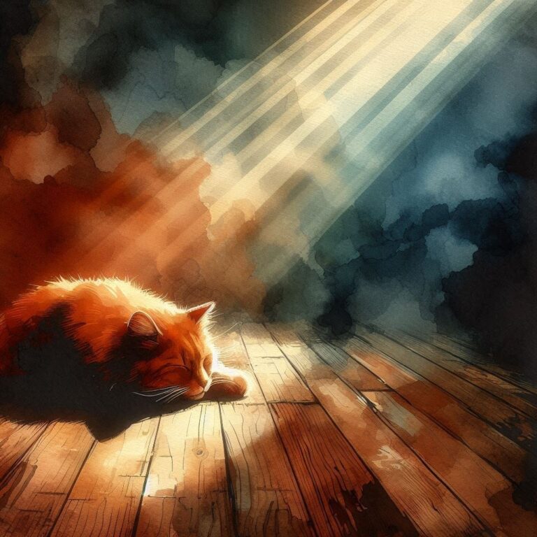 Ginger Cat Sleeping in Sunbeam Minimalist Watercolor
