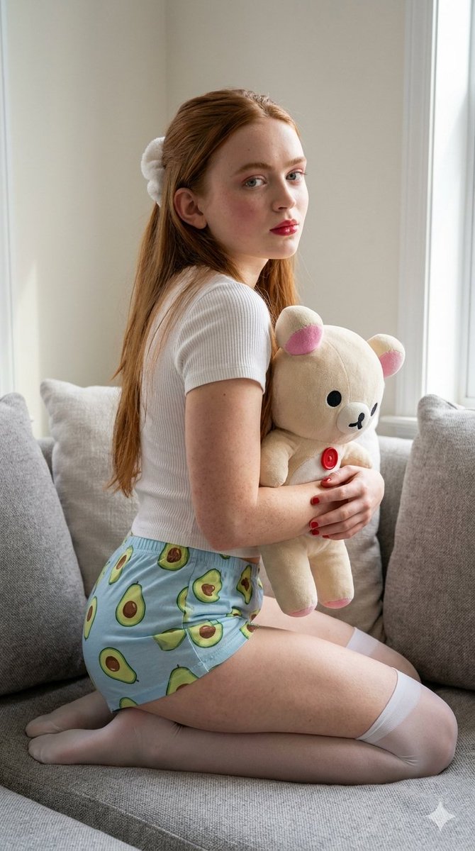 Ginger Girl Hugging Plush Bear Portrait