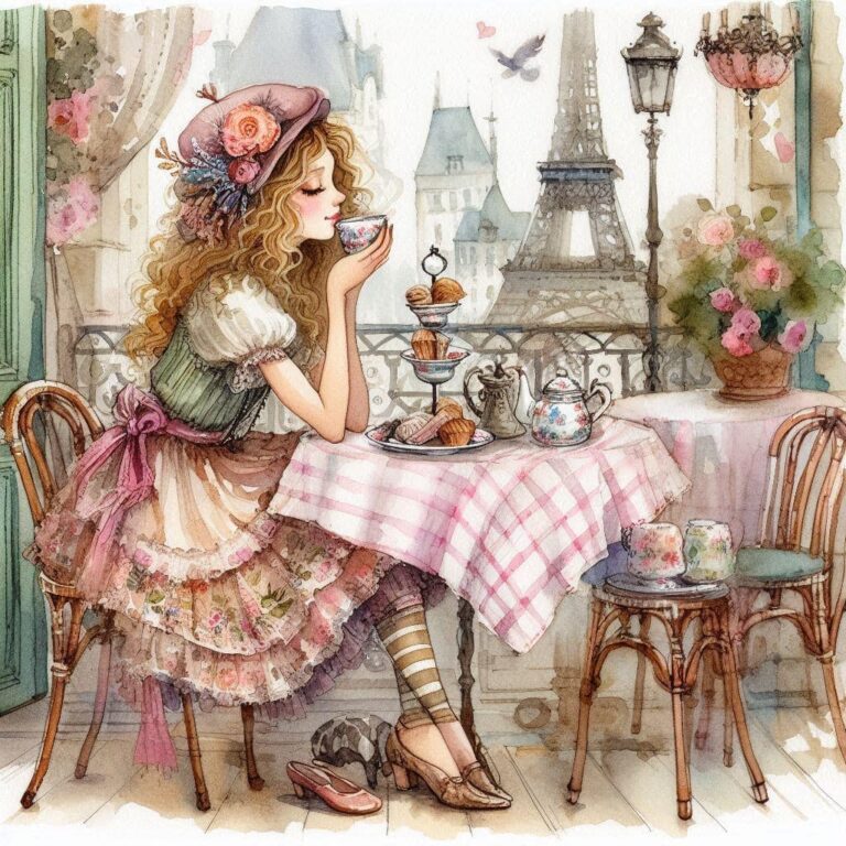 Folk Art Woman Sipping Tea in Paris Bistro Watercolor