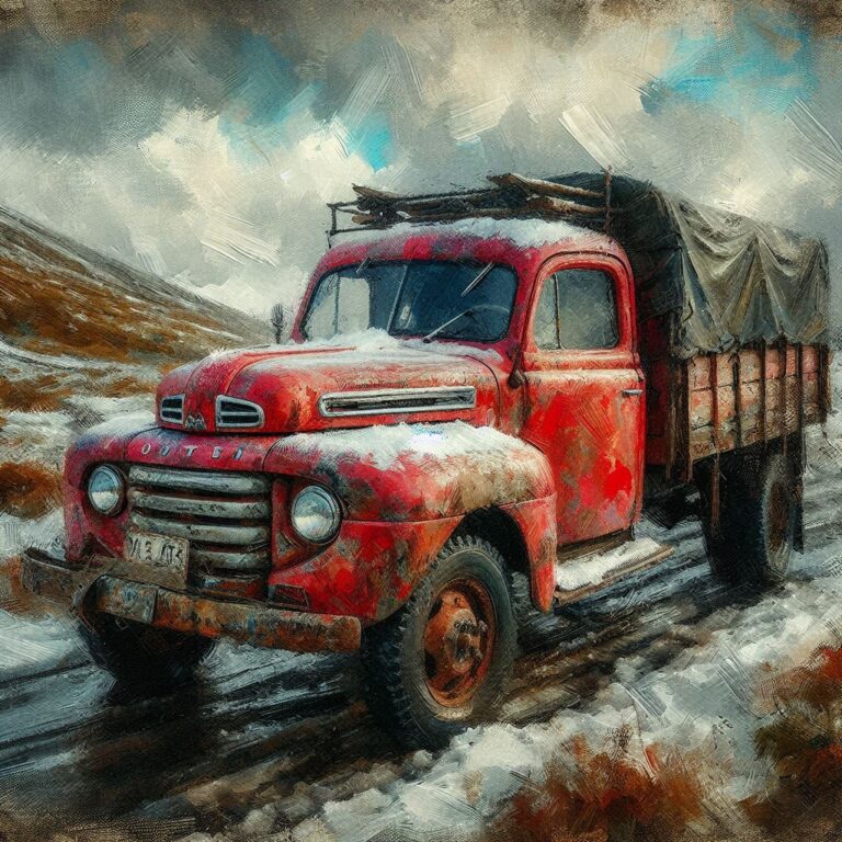 Vintage Red Truck With Snowy Roof Impressionist Art