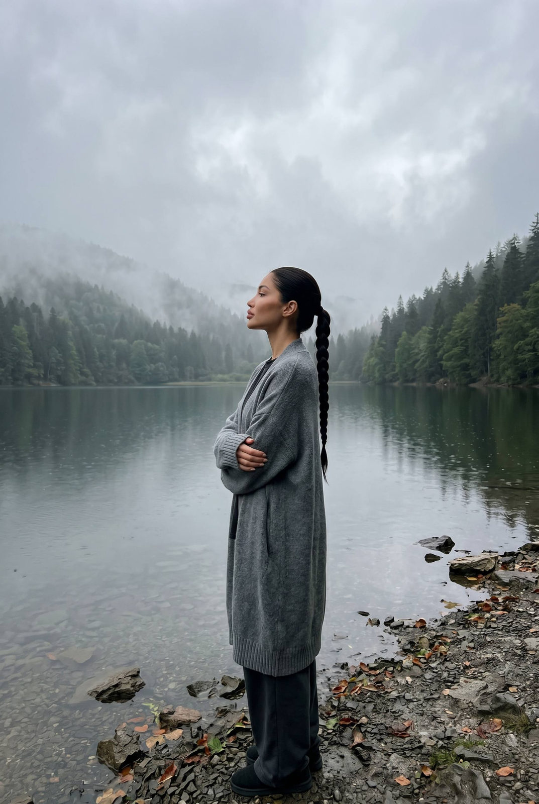 Serene Woman at Misty Mountain Lake