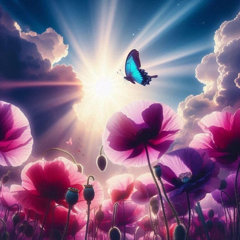 Deep Purple Poppies With Playful Butterfly Low Angle