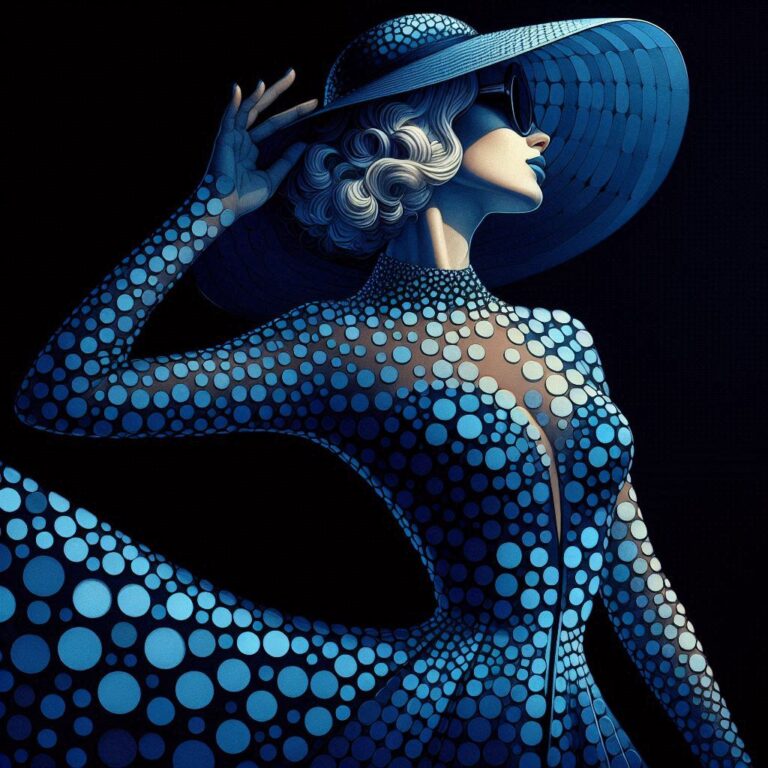 Stylized Woman in Blue Polka Dot Dress Watercolor