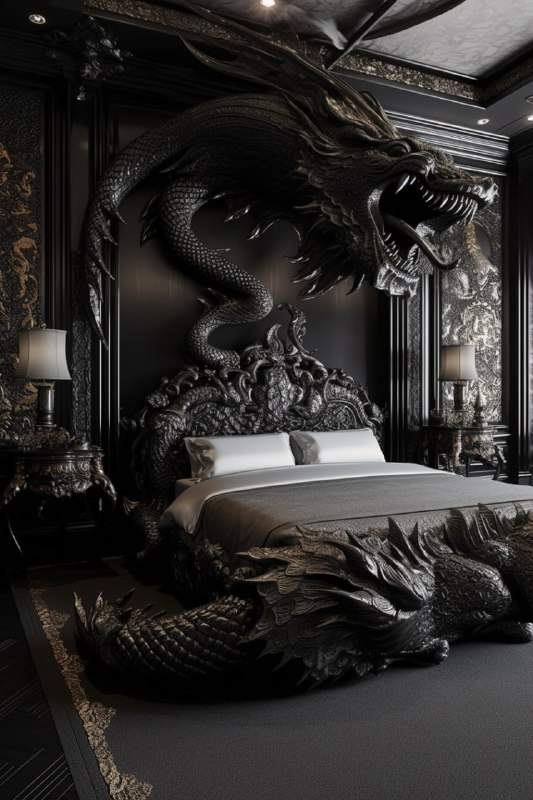 French Bedroom With Dragon Sculpture in Black Tones