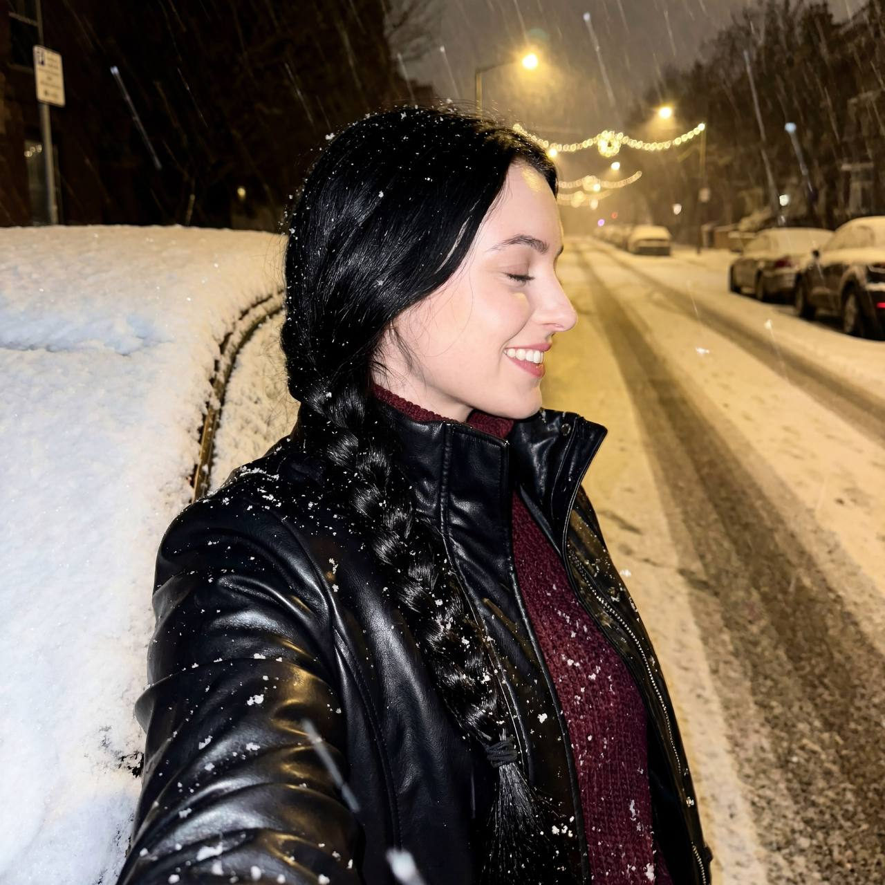 Snowy Night Car Window Selfie
