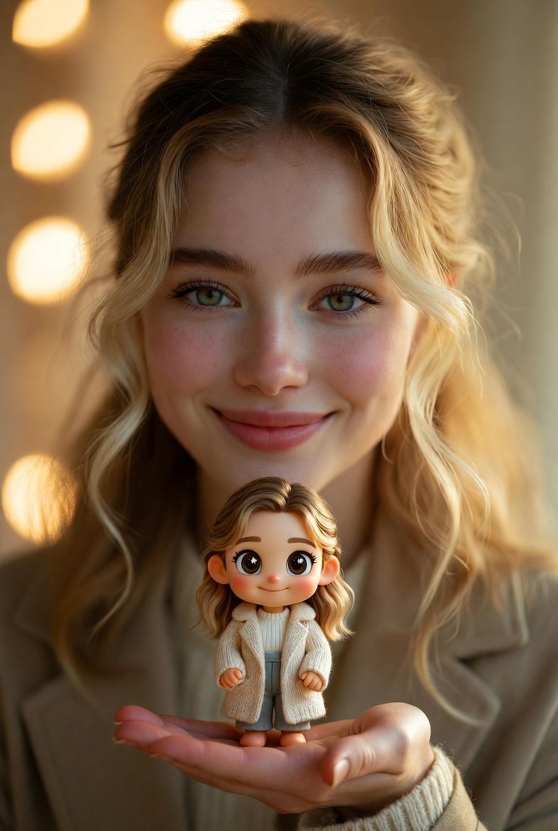 Woman Holds Mini Chibi Self Figurine