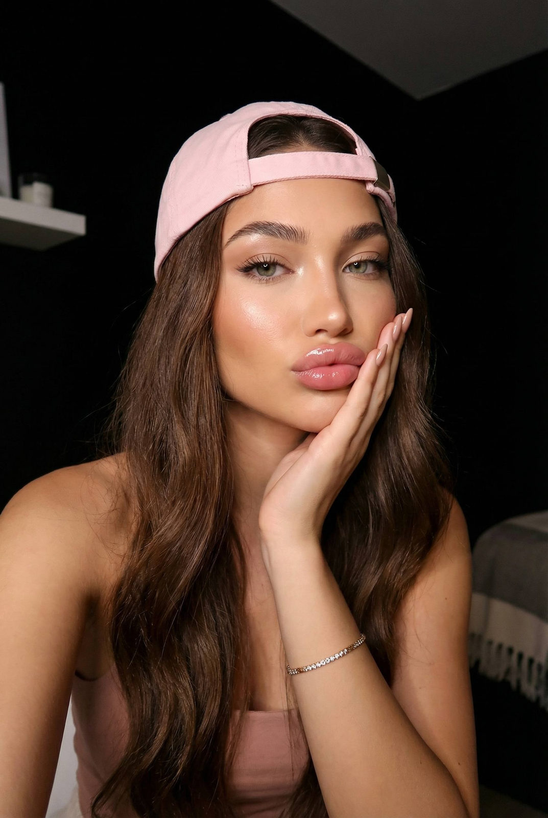 Pink Cap Glam Night Selfie