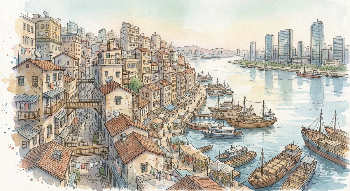 Fantasy Watercolor Hillside Harbor City