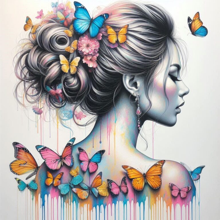 Woman With Butterflies Dripping Colorful Paint