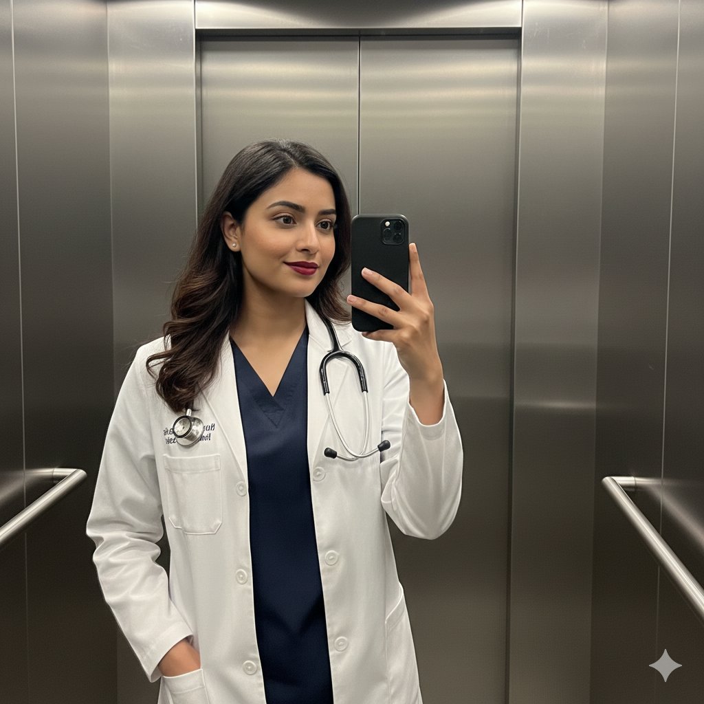 Confident Female Doctor Elevator Mirror Selfie