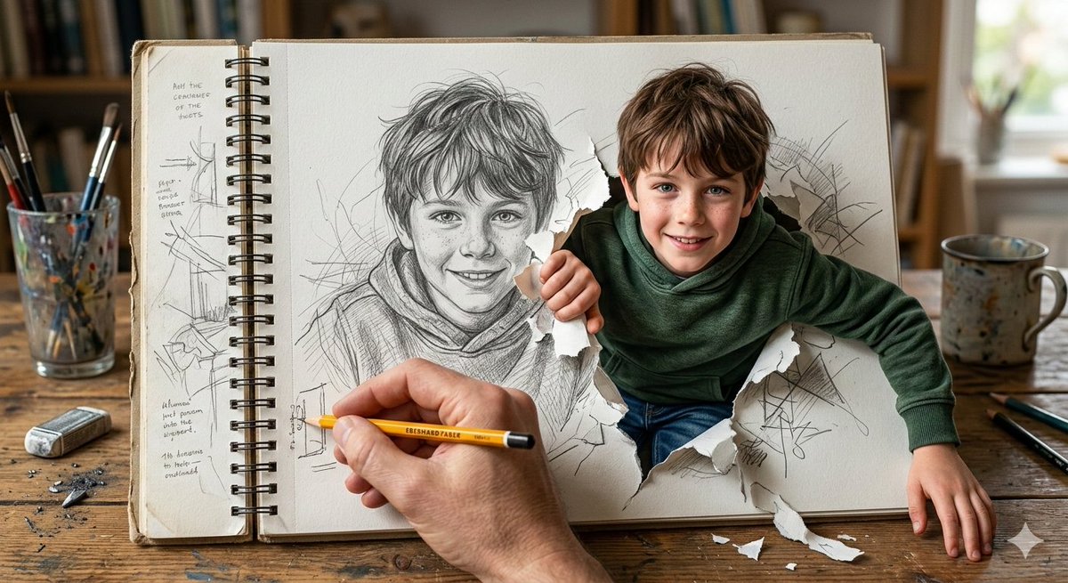 Boy Leaping Out of Sketchbook