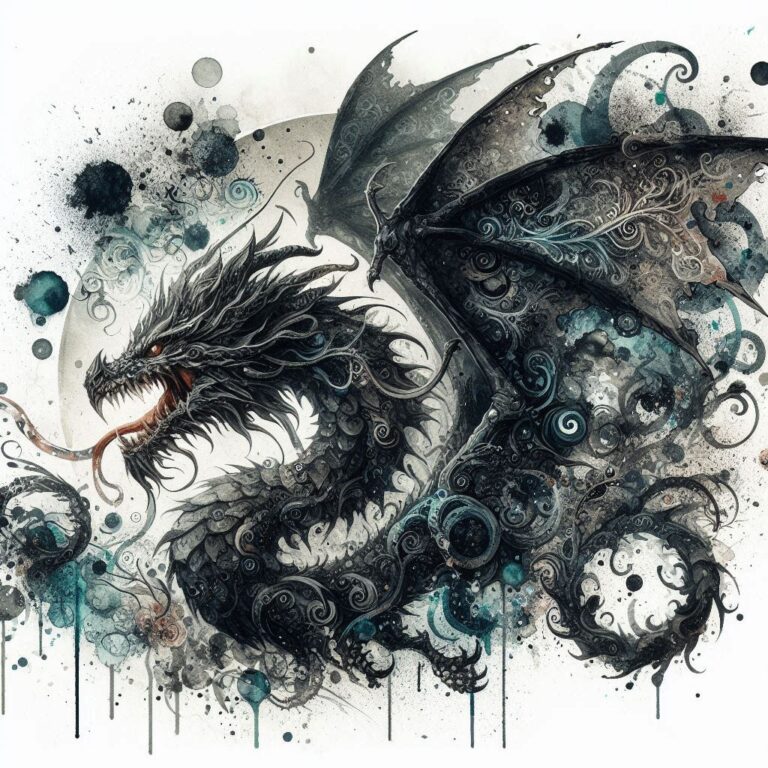 Whimsical Dark Fantasy Dragon With Watercolor Splatter