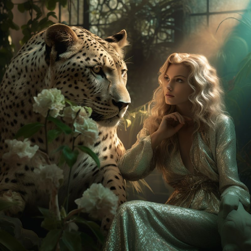 Woman Posing With Leopard in Pastel Fantasy Garden