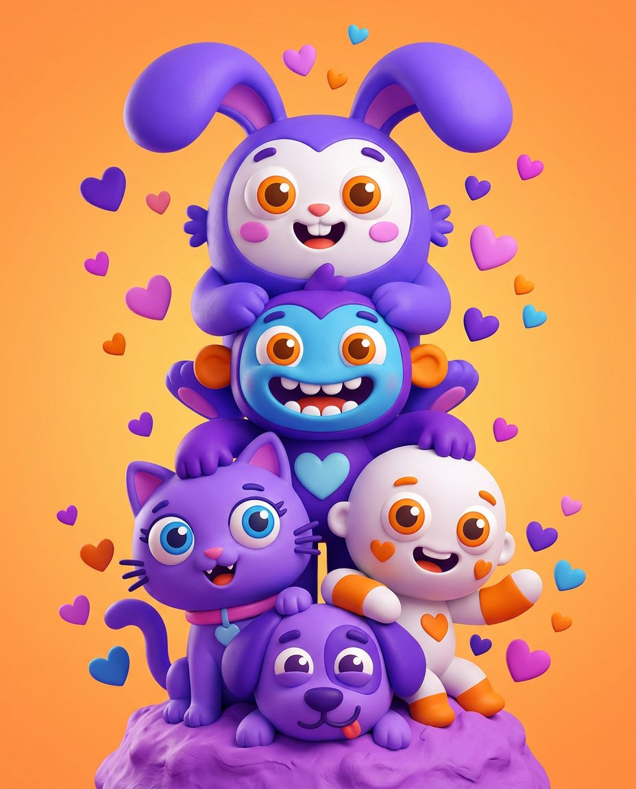 Cute Stacked Cartoon Characters 3D Art