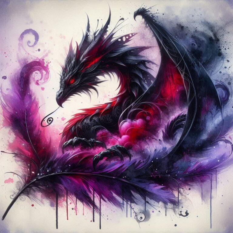 Black and Red Dragon Painted on Purple Feather