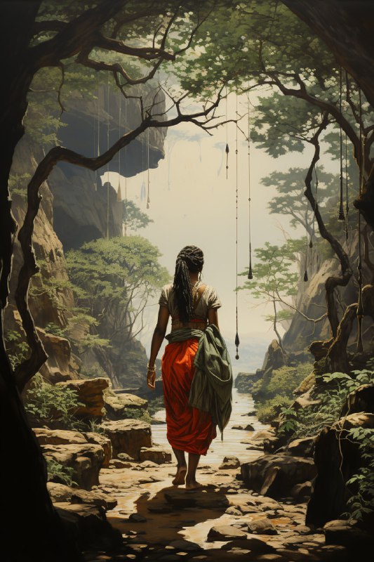 African Healer Woman Trekking Jungle Path Profile