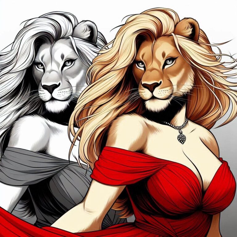 Lioness With Blonde Hair in Red Dress on Monochrome