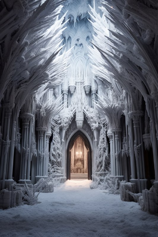 Frosted Gothic Ice Cathedral With Snow Falling Inside