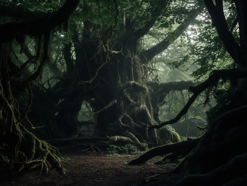 Whispering Tree Creatures in Dark Enchanted Woodland