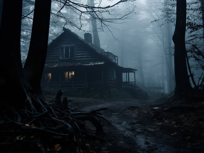 Haunted House in Misty Dark Blue Forest Photograph
