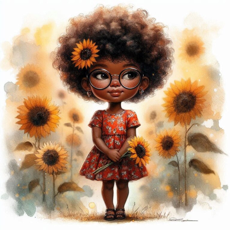 African American Girl in Sunflower Field Watercolor