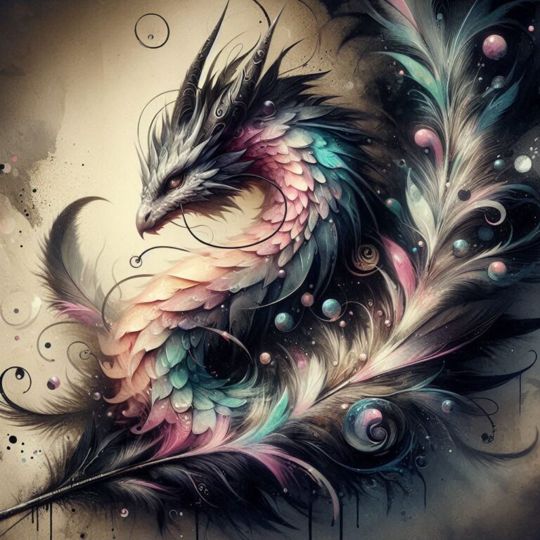 Pastel Dragon Painted on Black Feather Watercolor