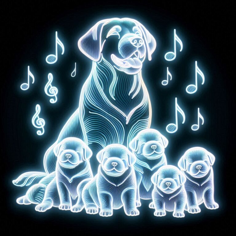 Neon Glowing Labrador Mom With Six White Puppies