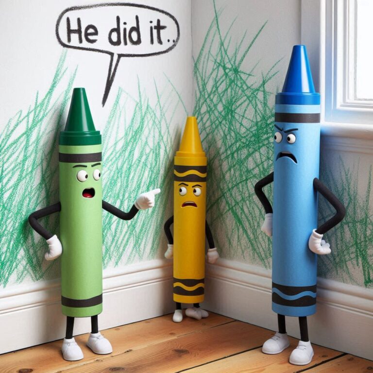 Anthropomorphic Crayons Whispering He Did It Scene