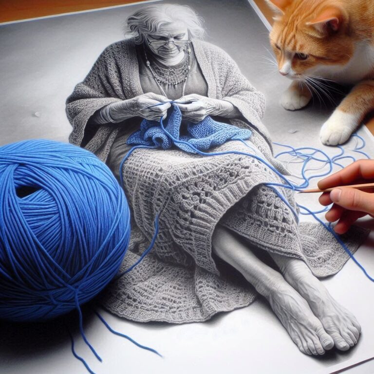 Pencil Sketch of Elderly Woman Crocheting Blue Shawl