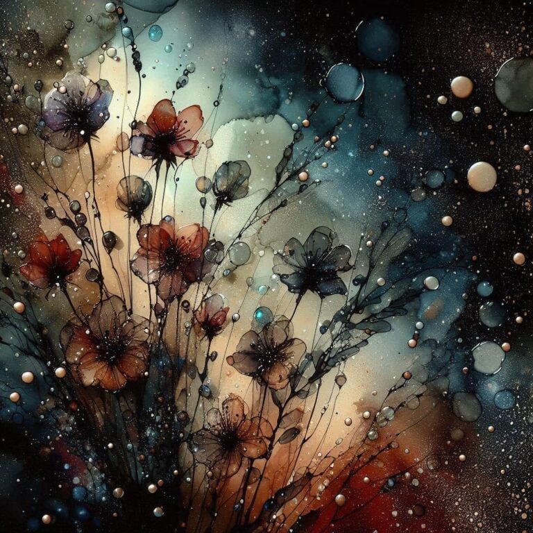 Tiny Flowers Sprouting in Rain Alcohol Ink Sketch