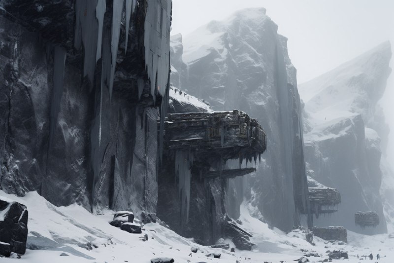 Angular Black Futuristic Structures in Snowy Mountain