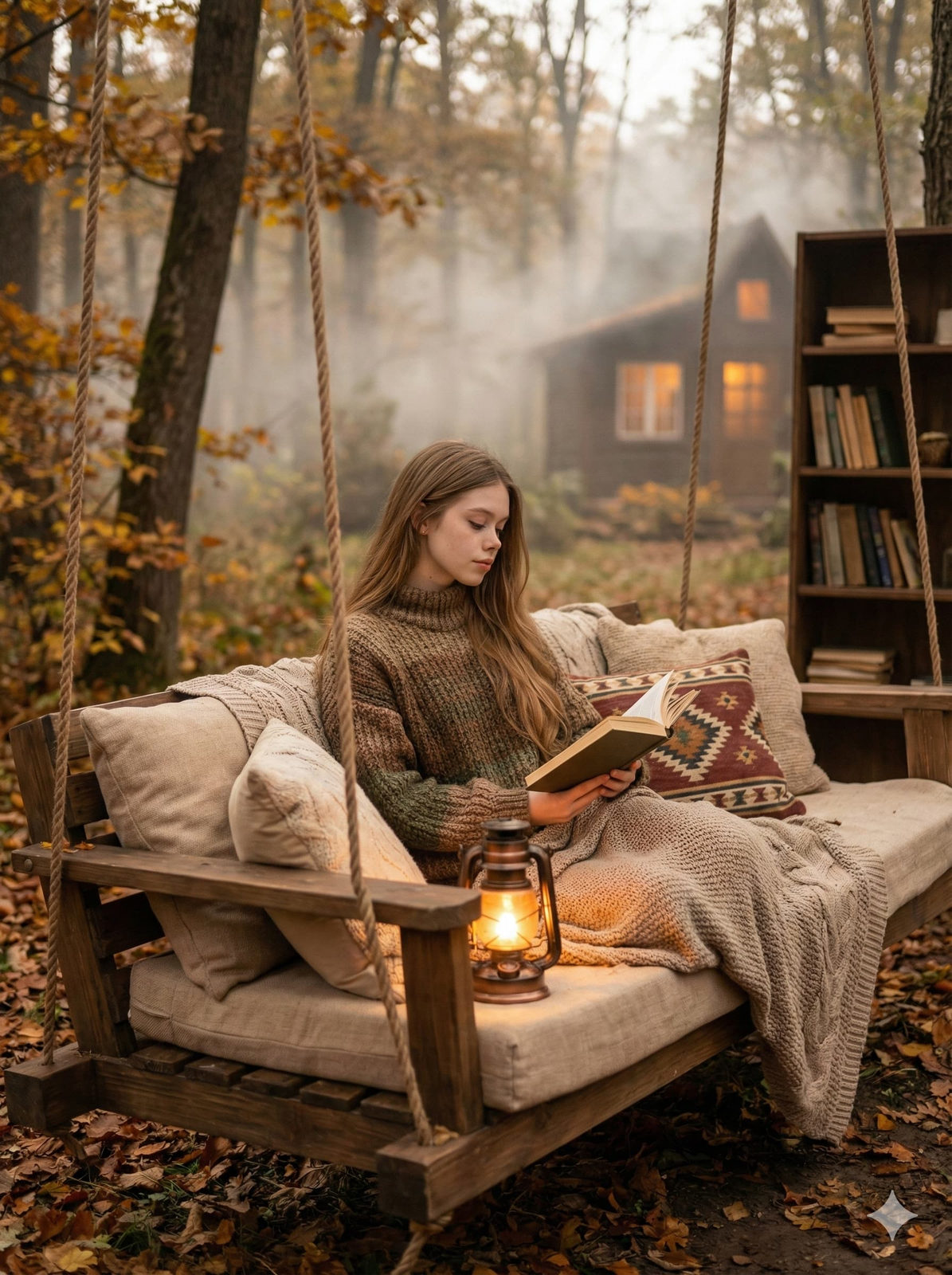 Cozy Autumn Forest Swing Reading Scene
