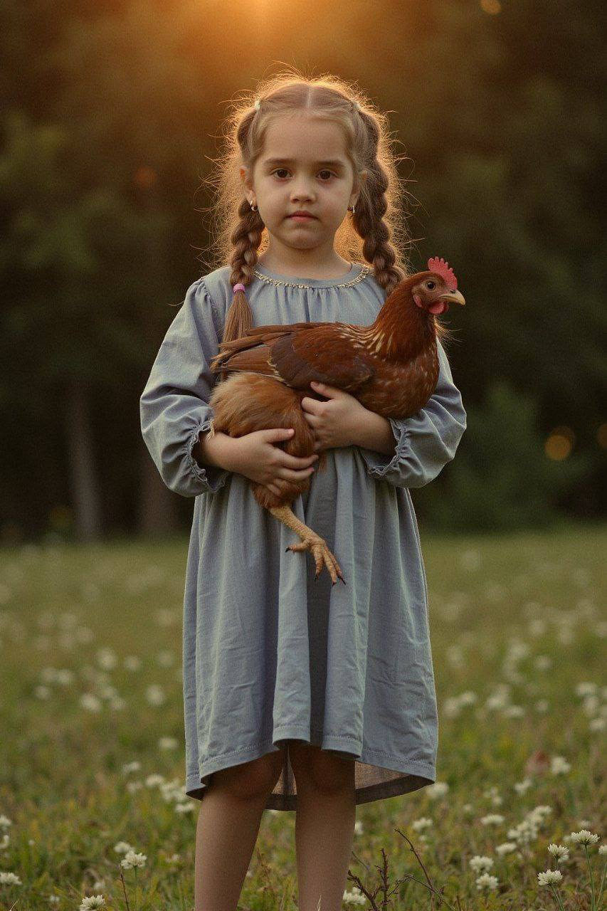 Girl Holding Chicken at Golden Hour