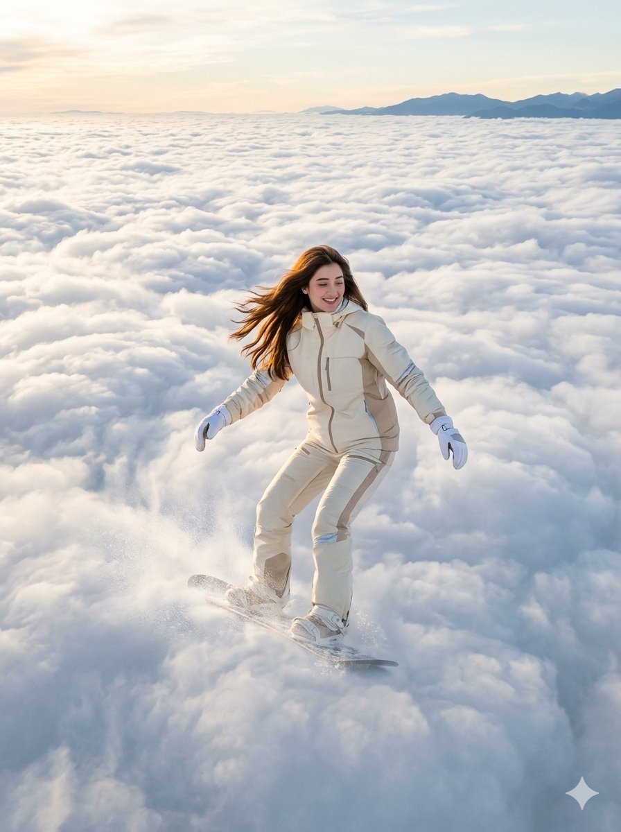 Girl Snowboarding On Ethereal Clouds