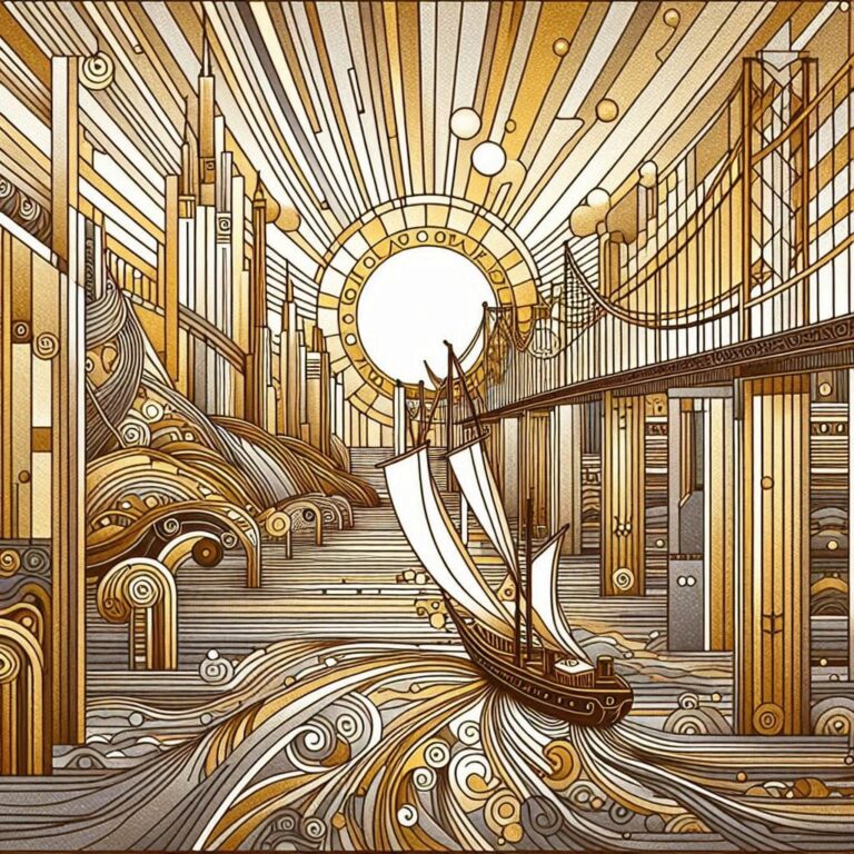 Boat Under Bridge at Dawn in Golden Klimt Style