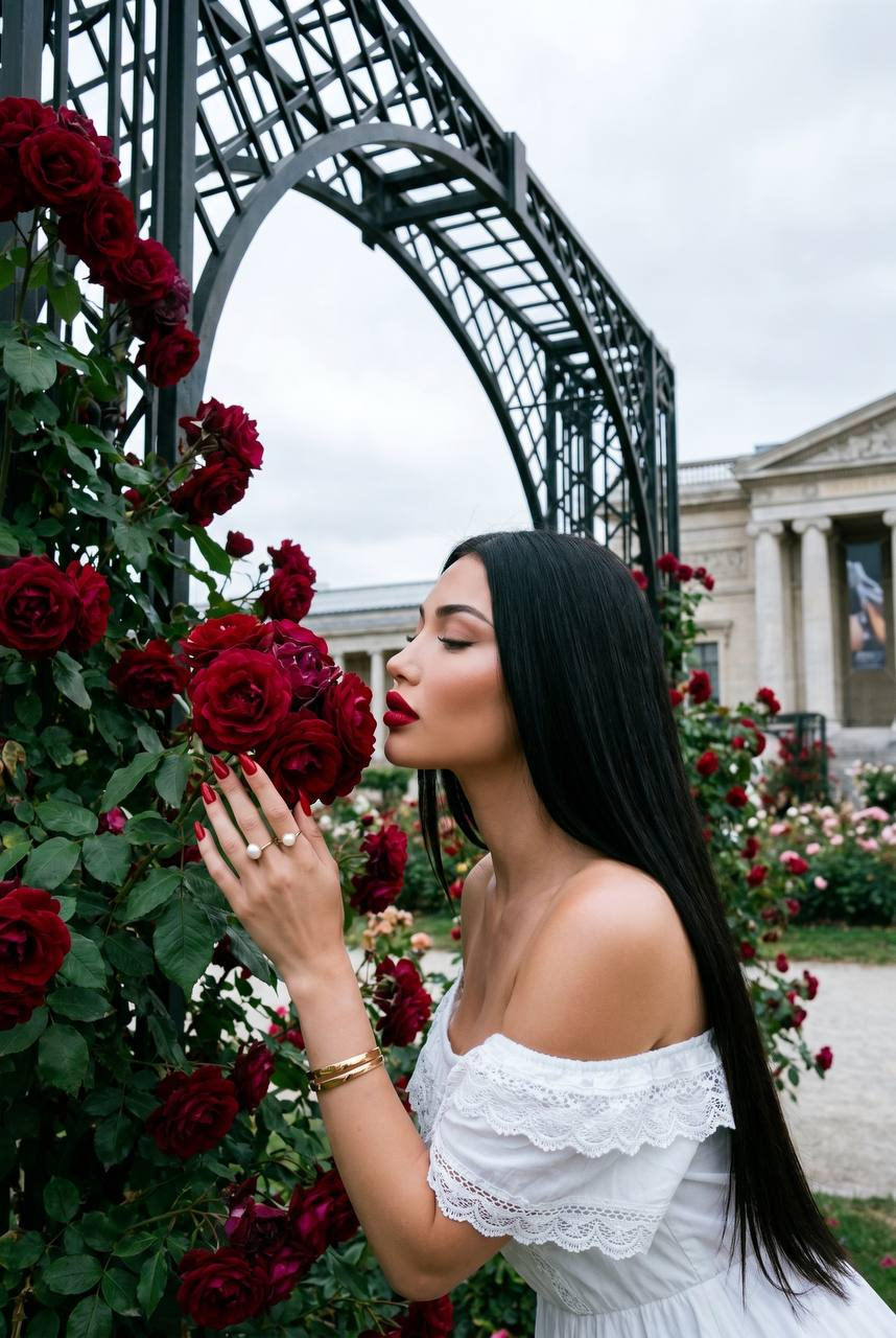 White Dress Beauty in Rose Garden