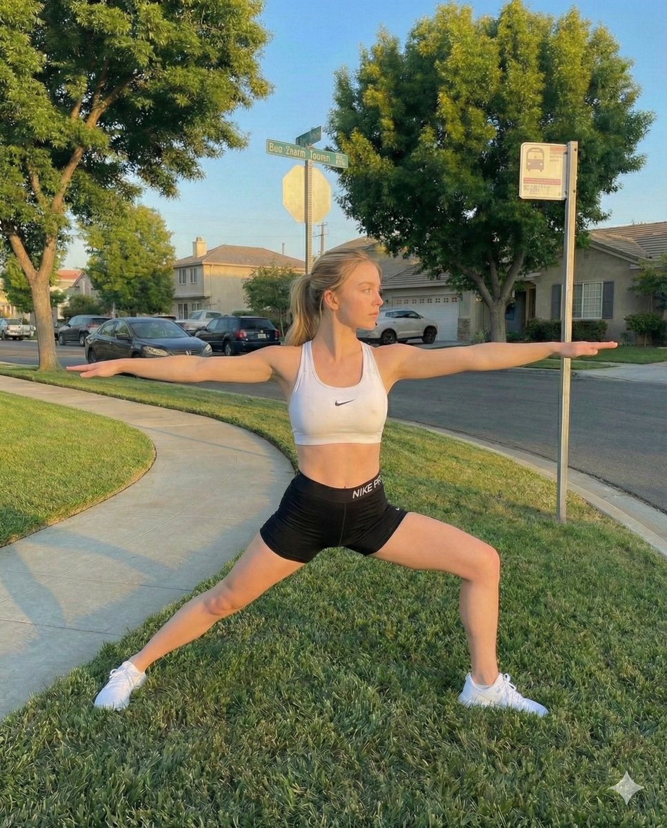 Blonde Woman Lunge Stretch at Golden Hour