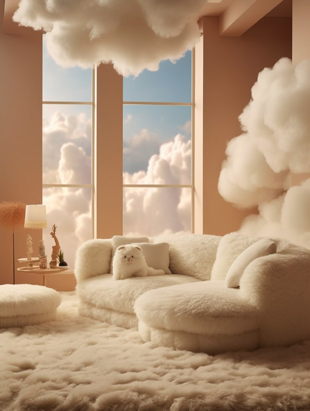 Creamy Fluffy Living Room With Plush Sofa Scene