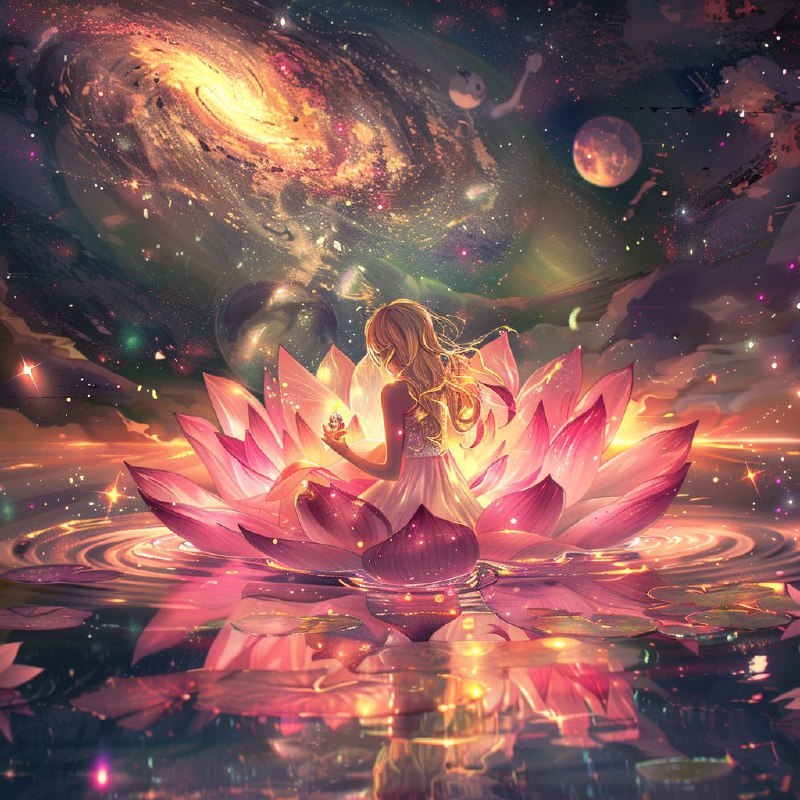Girl Standing Inside Pink Lotus Flower on Water