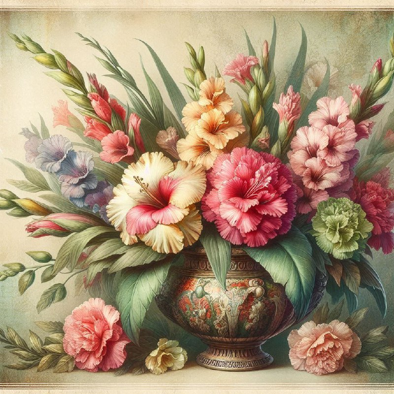 Gladiolus and Carnation Bouquet in Vintage Vase