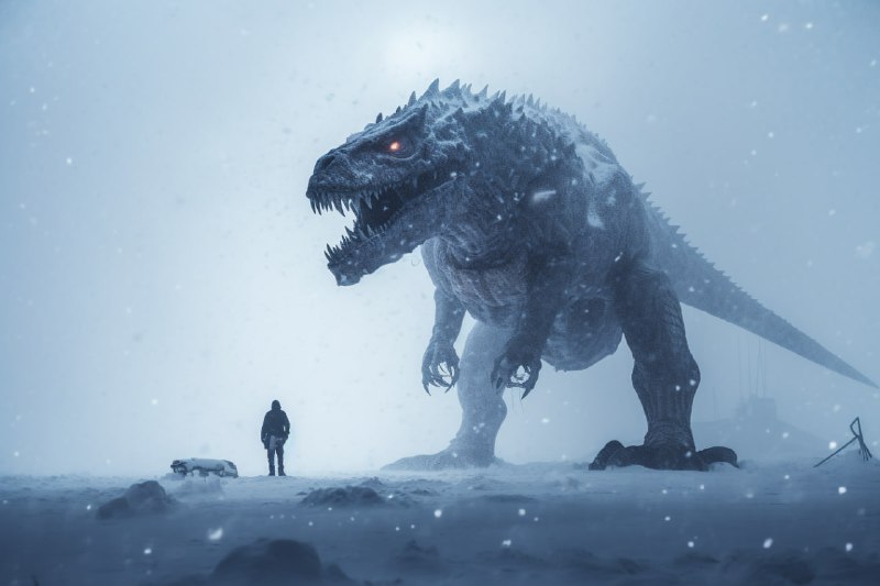 Tiny Man Facing Giant Frozen Alien Hybrid in Snowstorm
