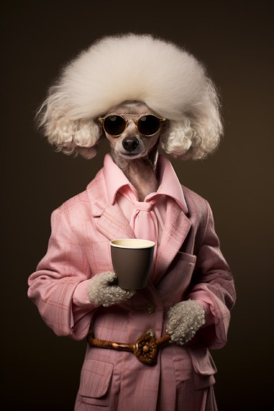 Dressed Poodle Drinking Coffee Portrait