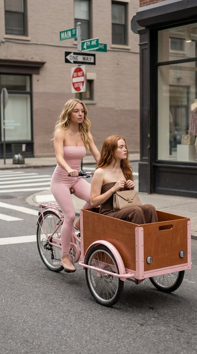 Stylish Women On Pink Cargo Bike