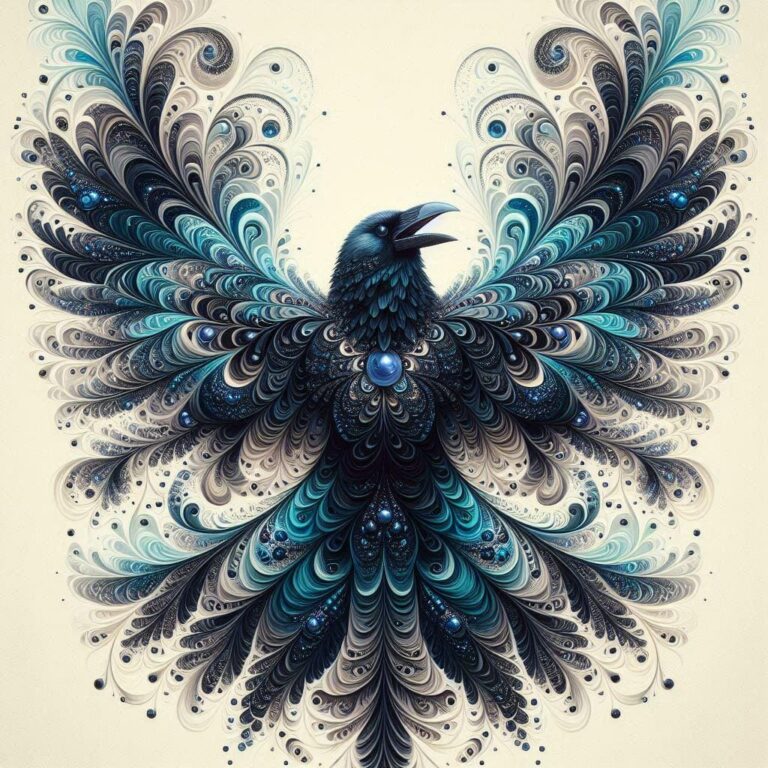 Crow With Fractal Blue Feathers Swirls and Gems